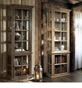 Export Export Trade American Country-Style Vintage Distressed Solid Wood Glass Wine Cabinet Sideboard French Antique Bookcase Display Cabinet