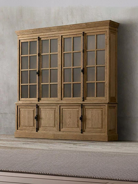 American country retro old glass door storage cabinet French oak world lock full wall bookcase bookcase display cabinet