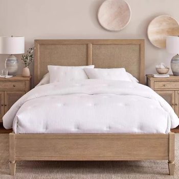 American Country-Style Vintage Distressed Solid Wood Woven Rattan Double Bed, Large Bed, Nordic Simple Master Bedroom Oak Wedding Bed, Princess Bed