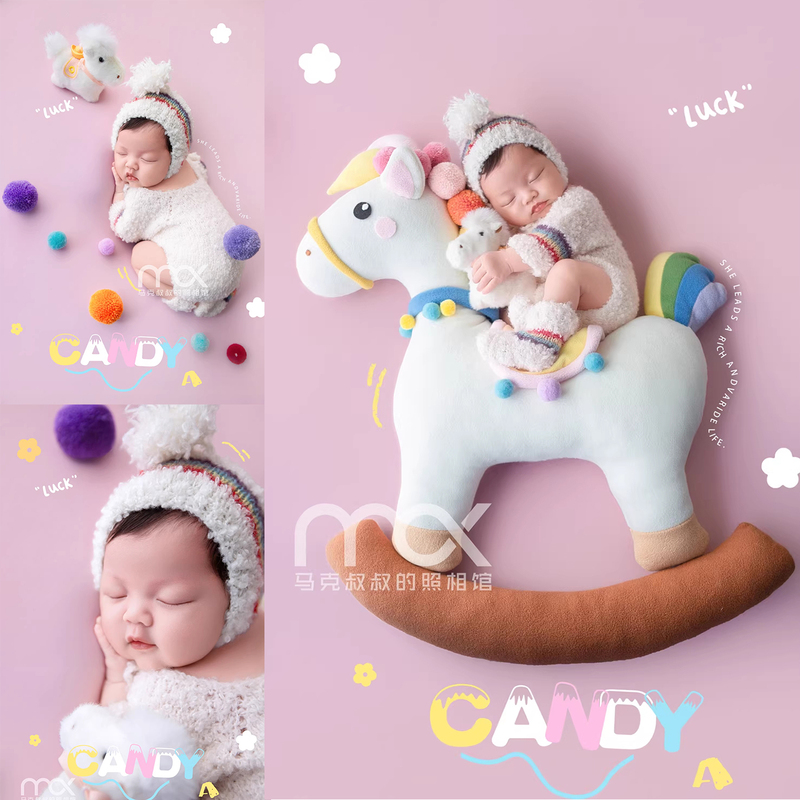 Rainbow Little White Horse Baby Full Moon Photo Year of the Horse Theme Photo Studio Newborn Photography Clothing Baby Photo Props