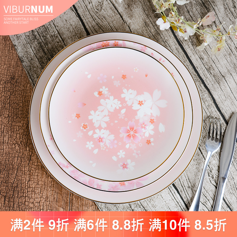 Yao hua ins creative household ceramics circle and wind the plants flowers flat soup dish plate of beef steak