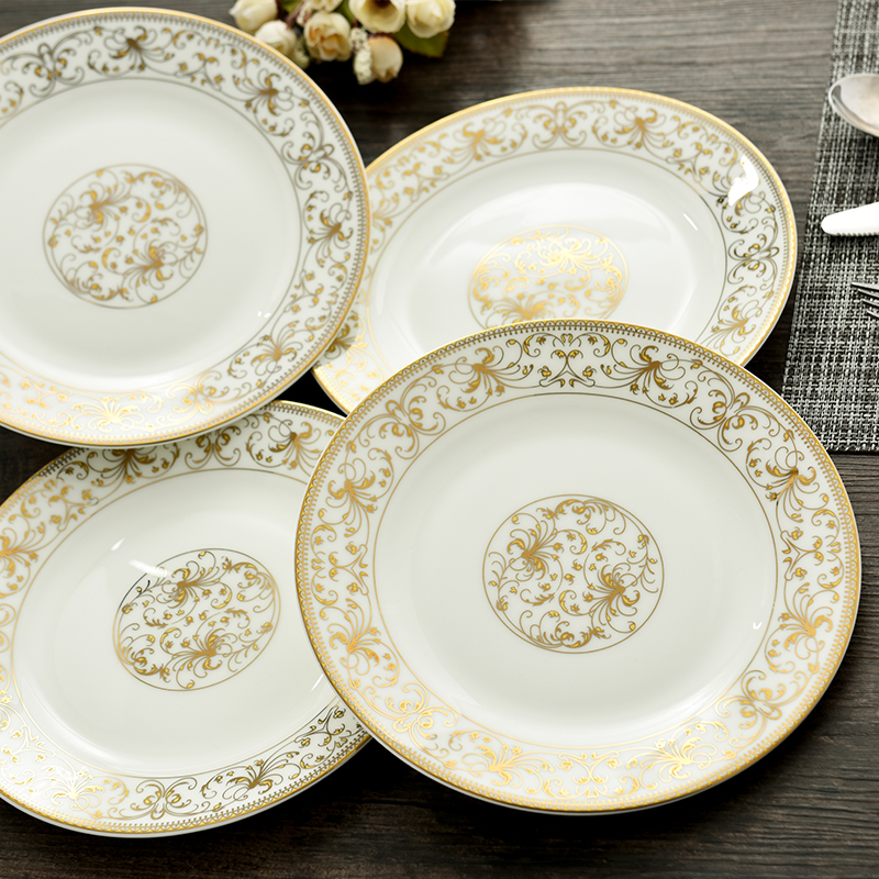Yao hua ipads porcelain tableware gold plate round dish soup plate plate 8 inches ceramic flat plate set 4 only
