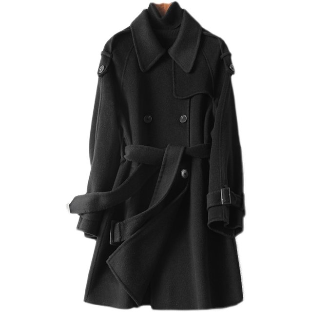 ເສື້ອຂົນແກະຂົນສັດຂົນສັດສໍາລັບແມ່ຍິງກາງຍາວສີດໍາແອວຄົນອັບເດດ: double-sided woolen woolen coat ພາກຮຽນ spring ແລະດູໃບໄມ້ລົ່ນຮູບແບບໃຫມ່ chic cashmere coat ສໍາລັບແມ່ຍິງ