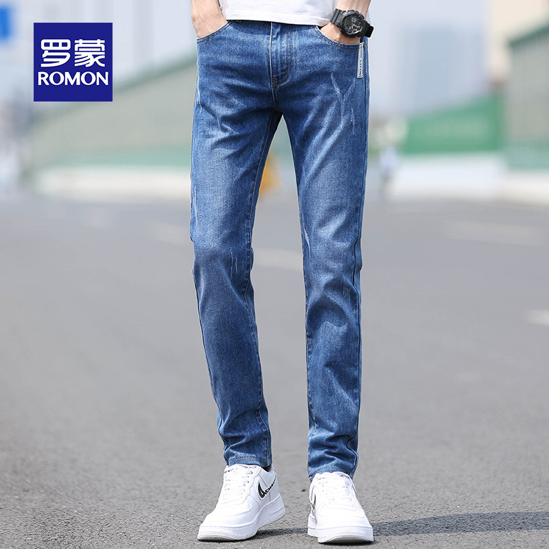 Romon 2022 New spring and autumn style jeans Men's loose straight cylinder elastic body 100 lap long pants men's summer