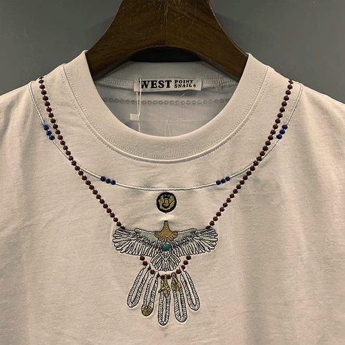 Брендовая бирюзовая этническая летняя футболка для влюбленных, европейский стиль, этнический стиль, с вышивкой, короткий рукав