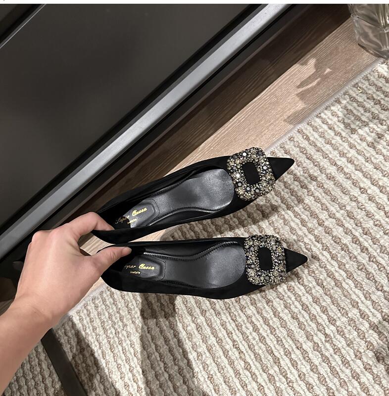 Black High-Heeled Shoes for Women 2026 New Style Pointed Toe Sheepskin Velvet Rhinestone Square Buckle Versatile Stiletto Soft Sole Shoes to Match Skirts