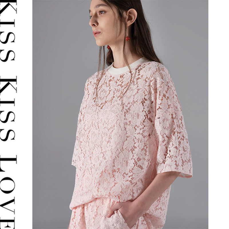 Kiss Kiss Love New Pink Lace Shirt Loose Women's Lace Top T-Shirt