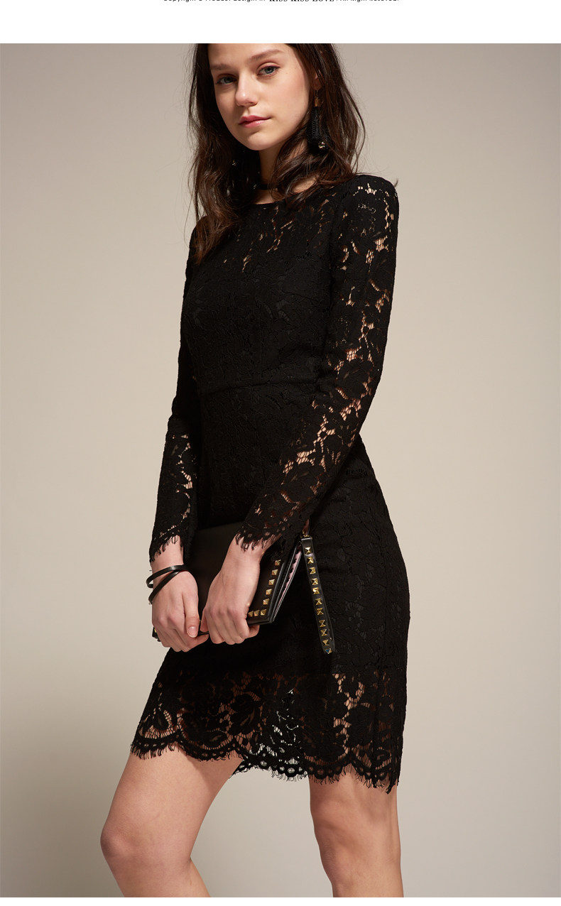 Kiss Kiss Love European and American Lace Dress Black Long-Sleeved Lace  Dress One-Piece Dress Lace Mini Dress