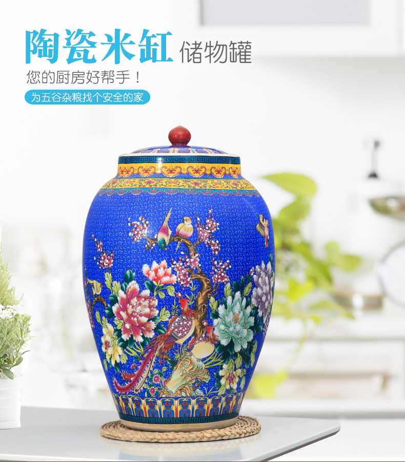 Jingdezhen ceramic with cover barrel ricer box 20 jins 30 jins 50 kg pack household moistureproof cylinder tank rice storage tank