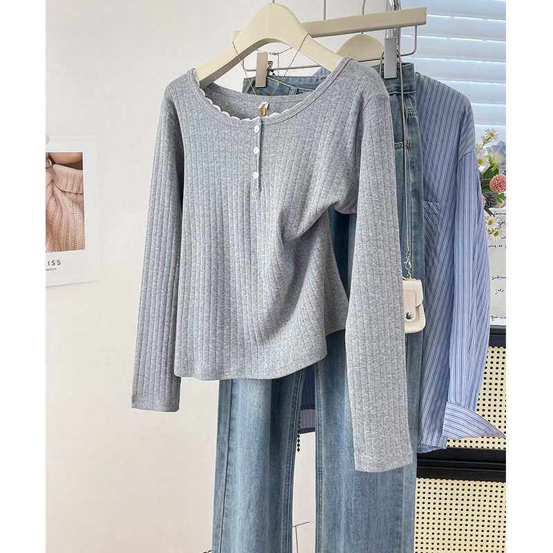 French Lace Design with Button Details, Long-Sleeve T-Shirt, Regular Shoulder, Slimming, Pure Cotton, Women's Clothing, Elegant and Unique Top
