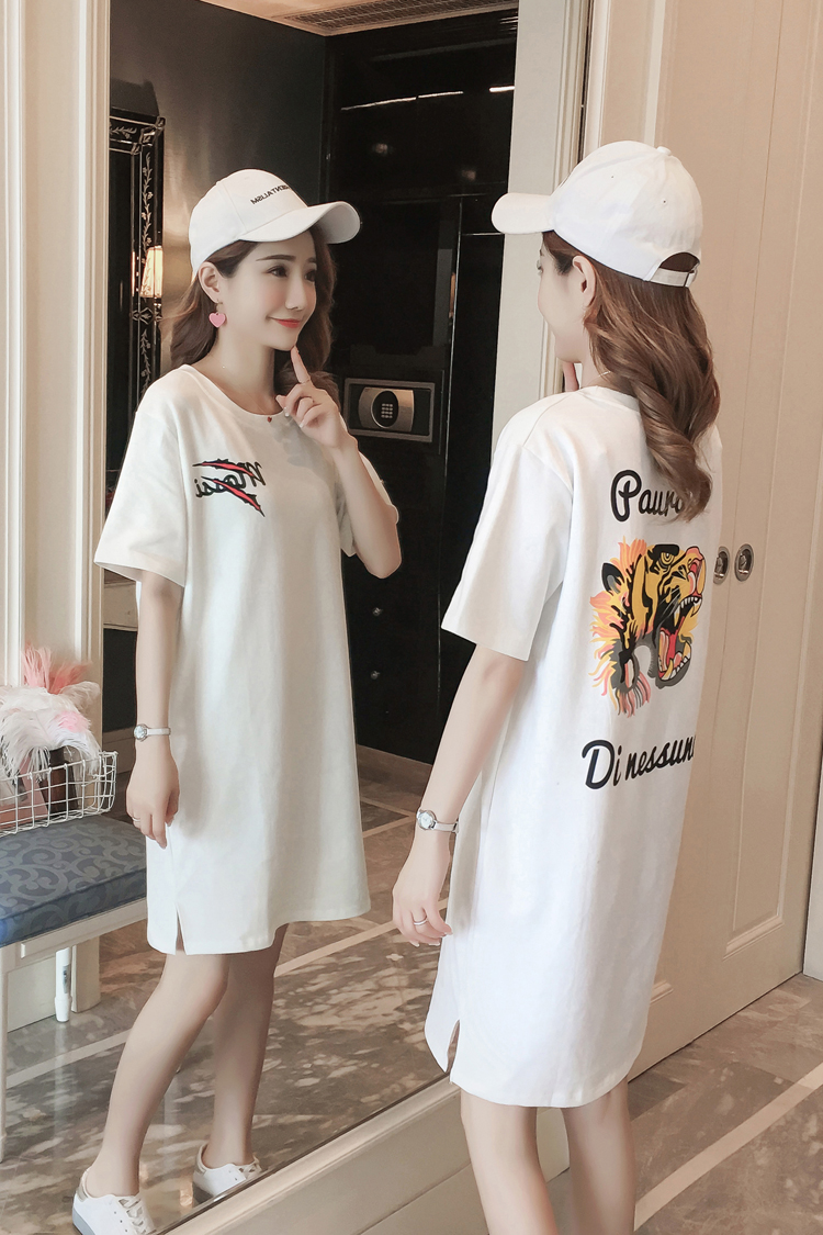 Trạm châu âu mùa hè mới in thư cotton đáy váy chia dài dài tay áo t-shirt dress triều thời trang trung niên nữ cao cấp 