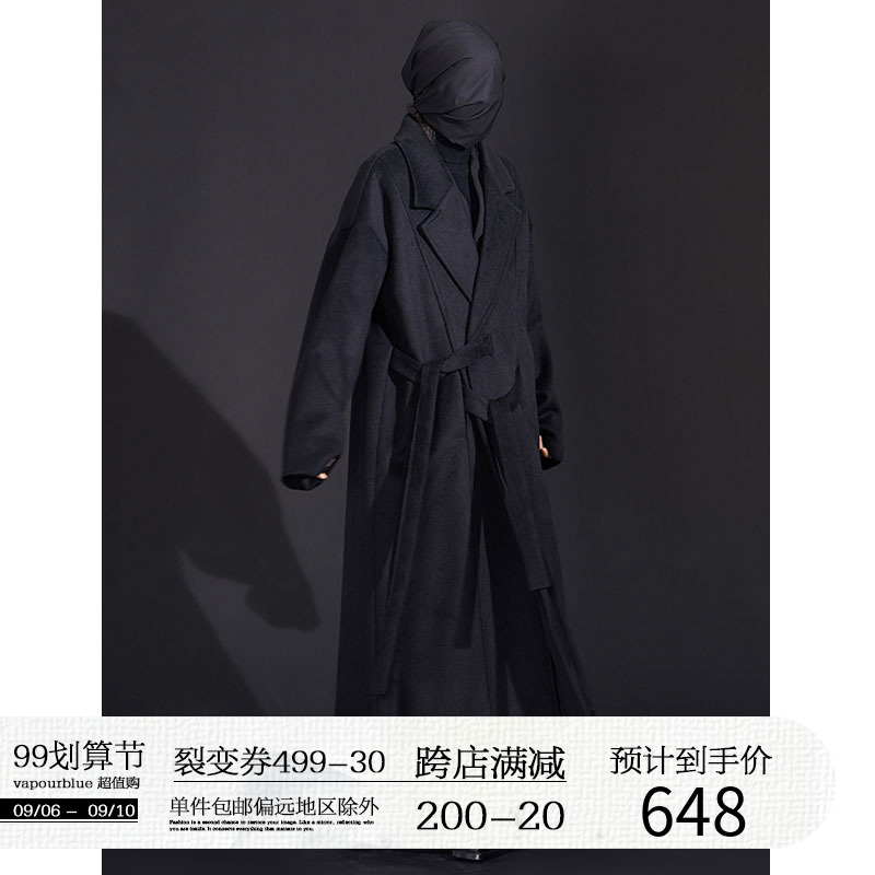 VAPOURBLUE original design dark wool fleece waist coat men's and women's winter long version over-the-knee coat