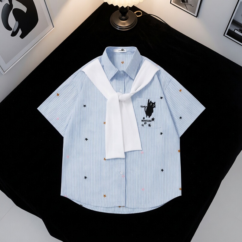 Academy Style Star and Cat Embroidery Tie-Up Short-Sleeve Shirt for Women, Loose Fake Two-Piece Shirt Jacket, Casual 2026 Academy Style Star and Cat Embroidery Tie-Up Short-Sleeve Shirt for Women, Loose Fake Two-Piece Shirt Jacket, Casual 2026