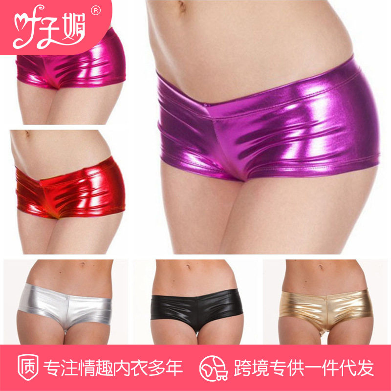 Lacquer Leather Pants Lady Sexy Bright Light Anti Walking Light Leather Pants Woman Steel Pipe Dance Spice short flat corner briefs Pants Spice-Taobao