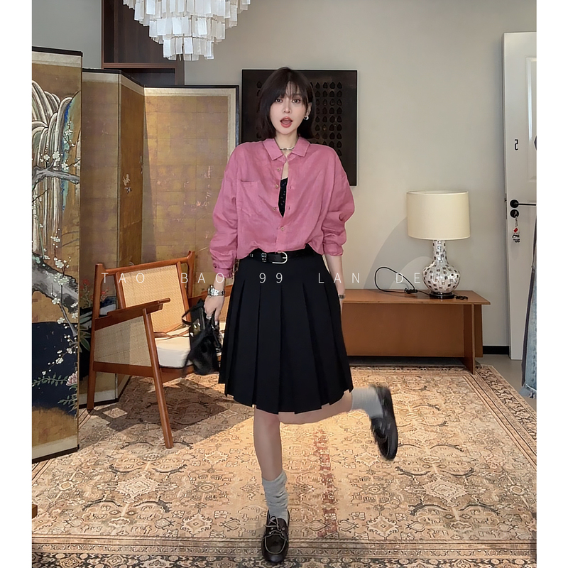 Lan Deur【Moon Shadow】Retro Mui Style Heavy Black Preppy Pleated Half-Length Skirt Lan Deur【Moon Shadow】Retro Mui Style Heavy Black Preppy Pleated Half-Length Skirt