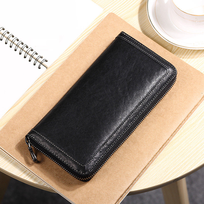 Men's Long Version Genuine Leather Wallet Head Layer Bull Leather Bracelet Ultrathin Fashion Single Pull Japan Money Clip Business Youth Leather Wallet
