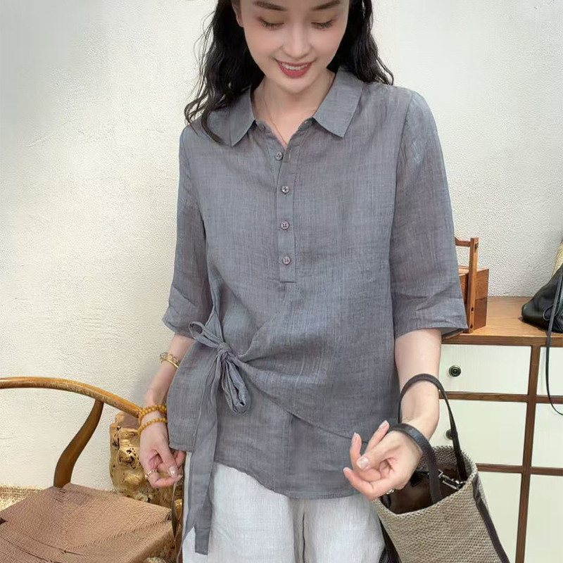 26122 Mature and Elegant Style Ramie Shirt for Women with Three-Quarter Sleeves, Asymmetrical Tie, Waist-Cinching, Slimming Top