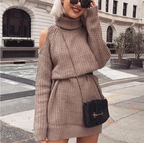 2018 autumn and winter new sweater womens medium-long high-neck off-the-shoulder sweater dress