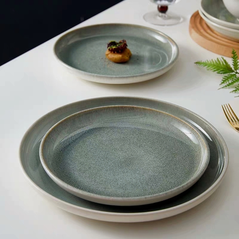 Kiln-Glazed Green Stone Rice Bowl and Plate Set for Home and Commercial Use, Noodle Bowl, Steak Plate, Western-Style Plate, Simple Deep Plate
