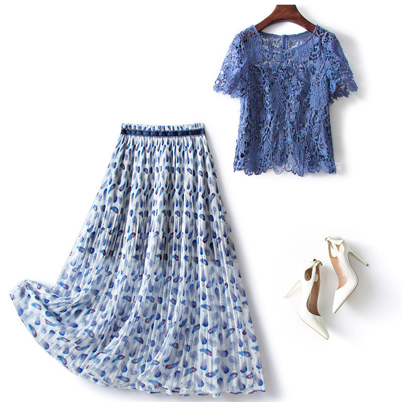 Plus Size Women's Clothing Summer 2026 New High-End Water-Soluble Lace T-Shirt + Skirt Set for Chubby Girls to Look Slimmer and More Elegant Two-Piece Set