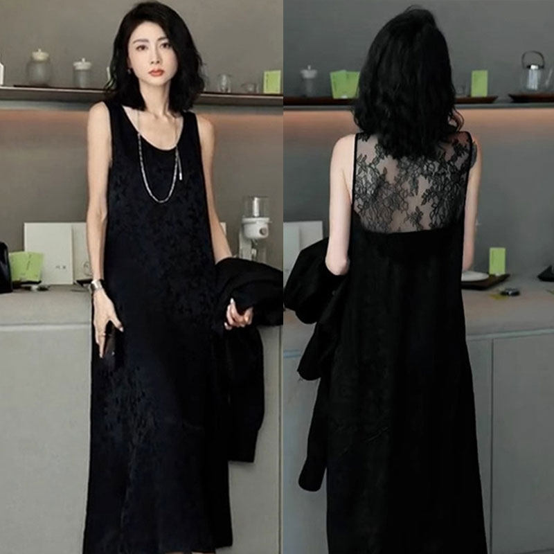 Plus Size Women's Summer Light Luxury Socialite French Hepburn Style Dress for Chubby Girls, Black Slimming Elegant Tank Dress