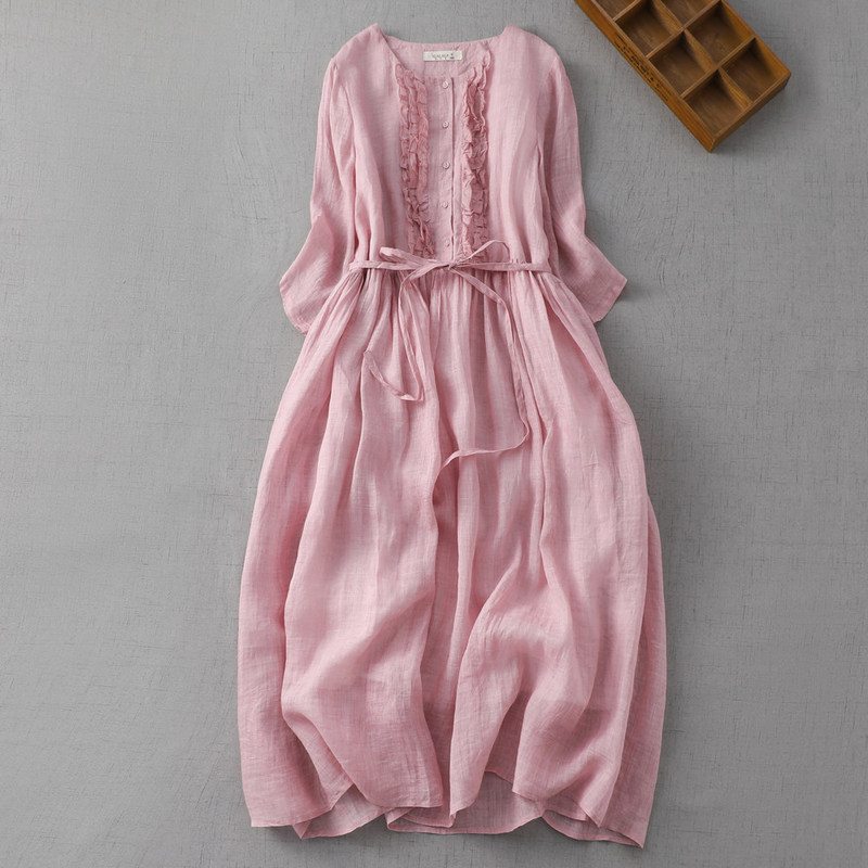Plus-Size Women's Summer and Autumn High-End Artistic Round-Neck Elegant Dress, Designed for Curvy Women, with a Waist-Cinching Mid-Length Style