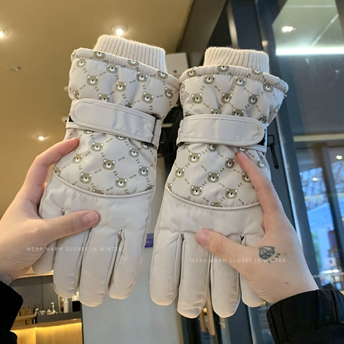 Лыжные демисезонные перчатки, удерживающий тепло комплект, нескользящий водонепроницаемый электромобиль для велоспорта, с медвежатами