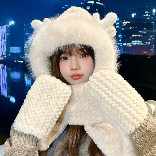 Бархатная шапка, перчатки, шарф с капюшоном, удерживающий тепло зимний мультяшный комплект, 3 предмета