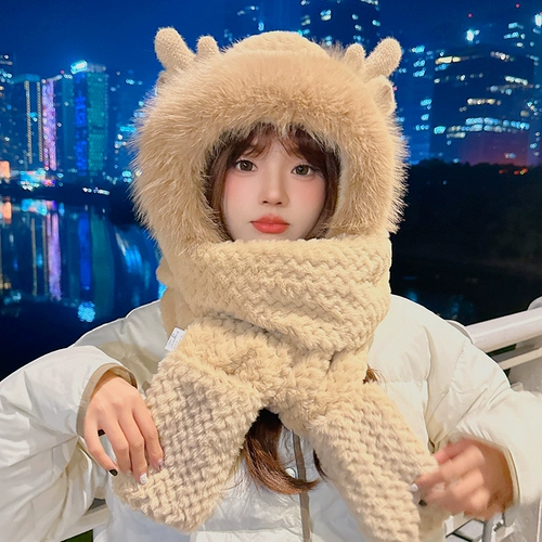 Бархатная шапка, перчатки, шарф с капюшоном, удерживающий тепло зимний мультяшный комплект, 3 предмета