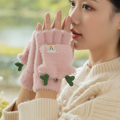 Перчатки, зимний милый утепленный демисезонный комплект для школьников, без пальцев, в корейском стиле