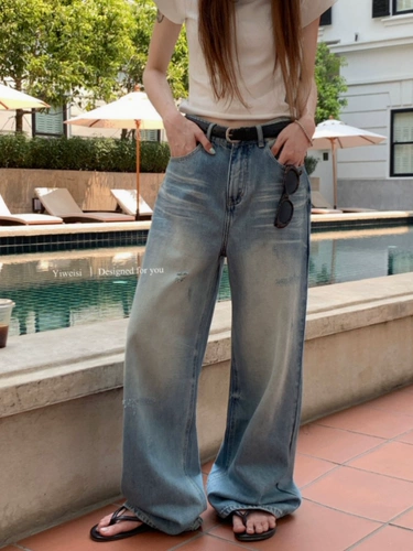 Синие джинсы, осенние штаны, высокая талия, свободный прямой крой