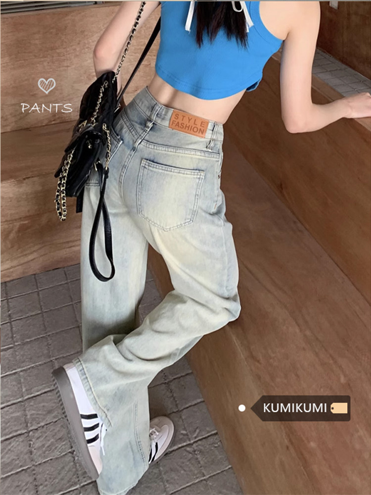 Washed and aged skinny jeans for women, loose wide-leg pants, long pants, summer high-waisted straight-leg pants, slimming pants, trendy pants