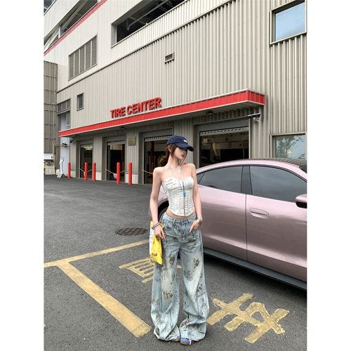 Комплект, летний топ без лямок, бюстгальтер-топ, универсальные джинсы, облегающий крой, оверсайз