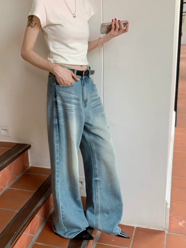 Синие джинсы, осенние штаны, высокая талия, свободный прямой крой