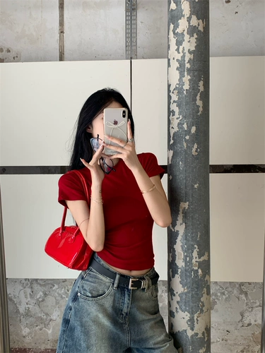 Черная летняя короткая красная футболка с коротким рукавом, подходит для подростков, в обтяжку