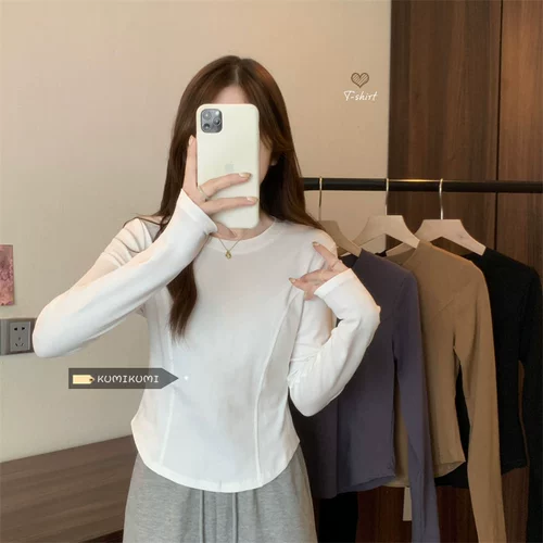 Приятная телу белая демисезонная рубашка, лонгслив, увеличенная толщина, подходит для подростков, облегающий крой, круглый воротник
