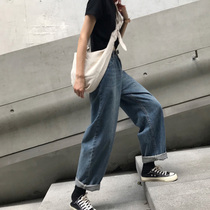 Korean version of summer retro Joker high waist washed old straight jeans students thin wide leg pants roll-up trousers