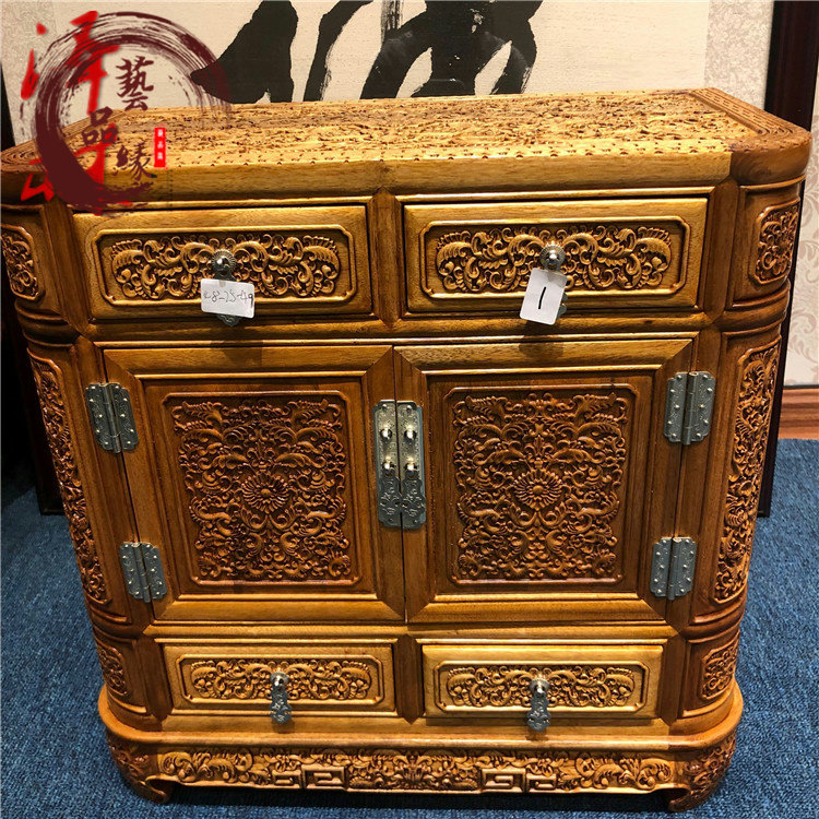 Authentic Sichuan golden nanmu carved dragon cabinet lobular Zhennan savings cabinet solid wood bookcase home carving ornaments