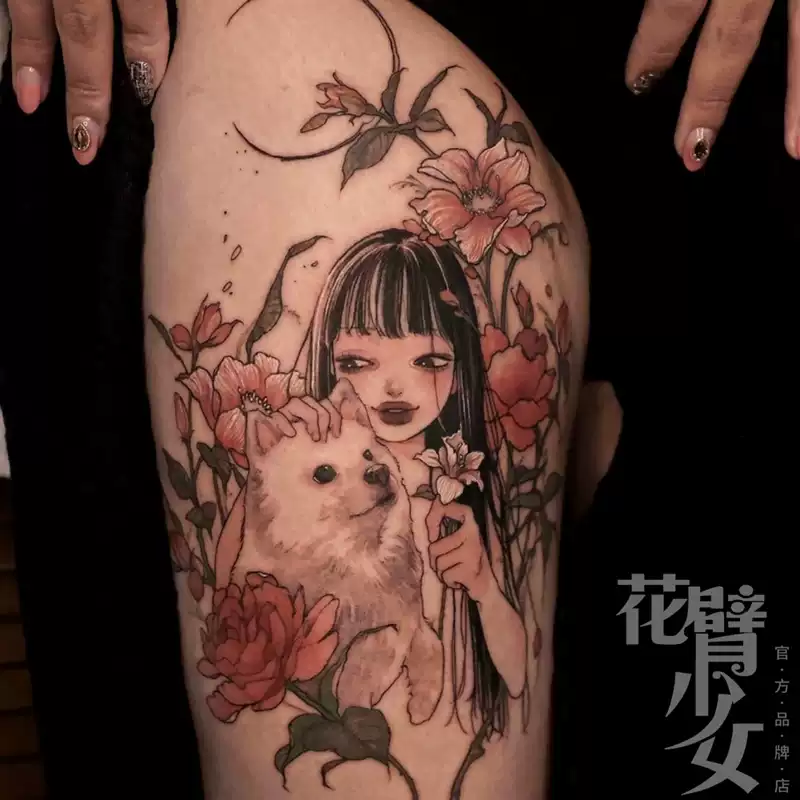 刺青女王TATTOO Z7 ins 女孩和狗狗月亮花朵薩摩耶大圖大腿紋身貼-淘寶