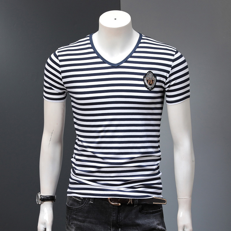 Striped T-Shirt Short-Sleeve Men's V-Neck Regular Pure Cotton Patch Embroidery Base Half-Sleeve Sailor Navy T-Shirt Trendy Summer