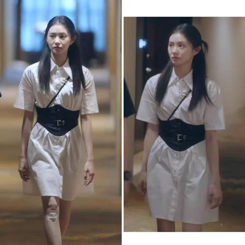 Fall in Love with Our Same Style as Liu Haocun: a White Waist-Cinching Shirt Dress with a Unique Design and a Waist-Cinching Short Skirt