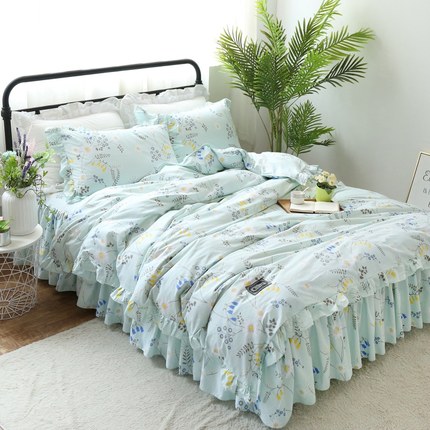 韩版公主风床罩床裙四件套全棉纯棉简约被套床