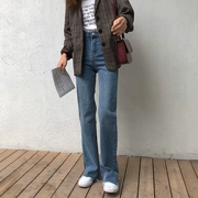 Phiên bản Hàn Quốc của retro rửa hoang dã tự tu cũ quần jeans thô nữ cao eo là quần mỏng chuông