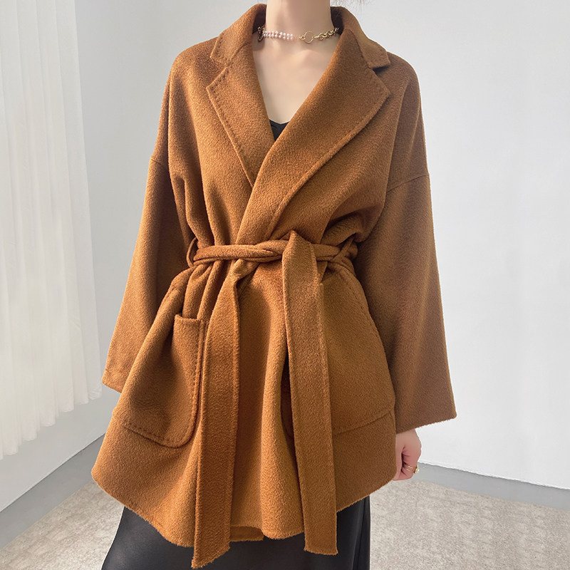 Autumn Winter New Water Polo Textured Pure Wool Coat With Long Version High-end Loose small sub-bifacial wool What to wear