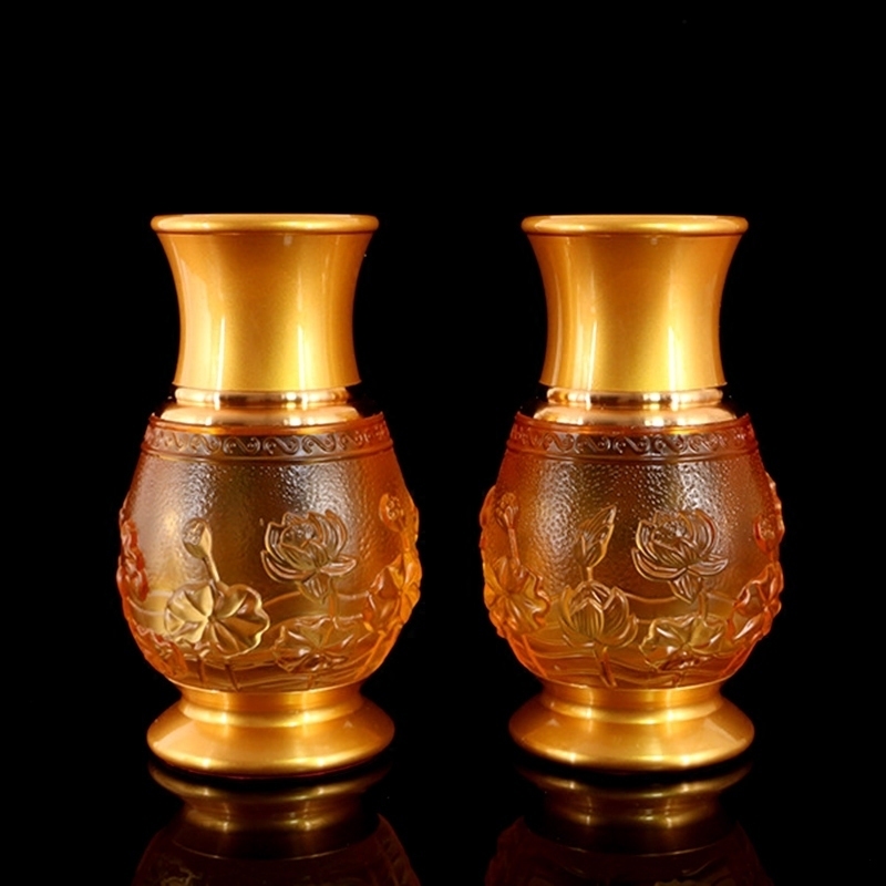 Buddhist Hall Supplies Glazed Vase for Buddhist Lotus vase Buddha Former Guanyin vase A pair of household inserts vase pure copper