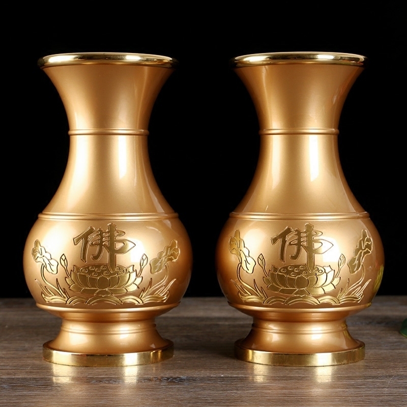 Taiwan pure copper vase Buddha Hall Guanyin vase flower arrangement Fuexpensive bamboo Net bottle Pink bottle pink gold vase pair