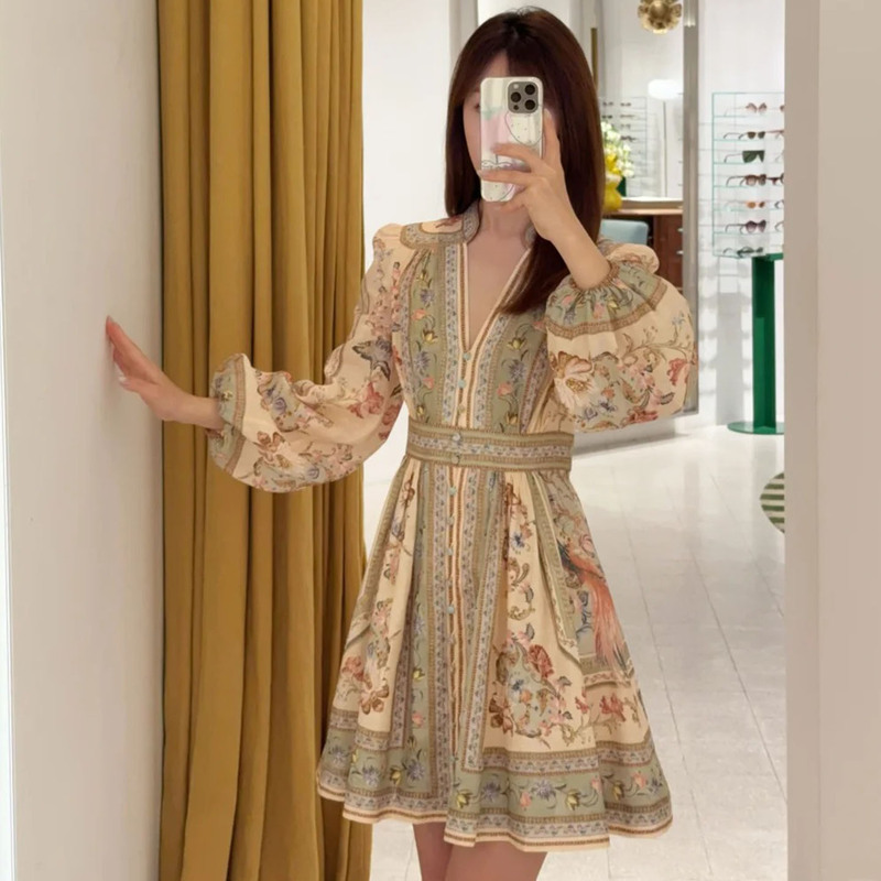 Zimm Australian Luxury Clothing High-End Custom-Made 26 Spring-Summer Floral Print Lantern Sleeve New Long-Sleeved Waist-Cinching Short Dress for Women