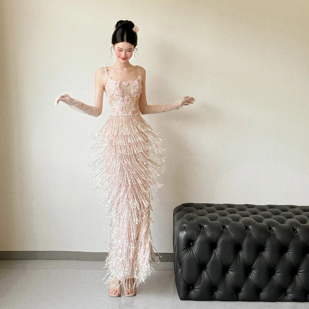 高級イブニングドレス、女性用タッセルホルタートップ、婚約ドレス、社交界の宴会、誕生日パーティー、司会、成人式ドレス