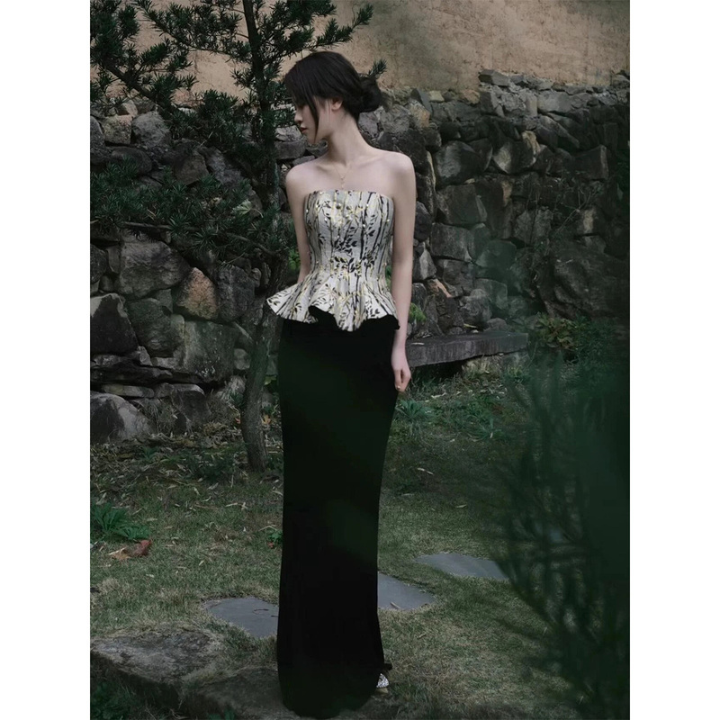 Black Evening Dress for Women, Light Luxury, Niche, New Chinese Style, Morning Robe, High-End, Strapless, Fishtail, Engagement, Toast Dress, Elegant