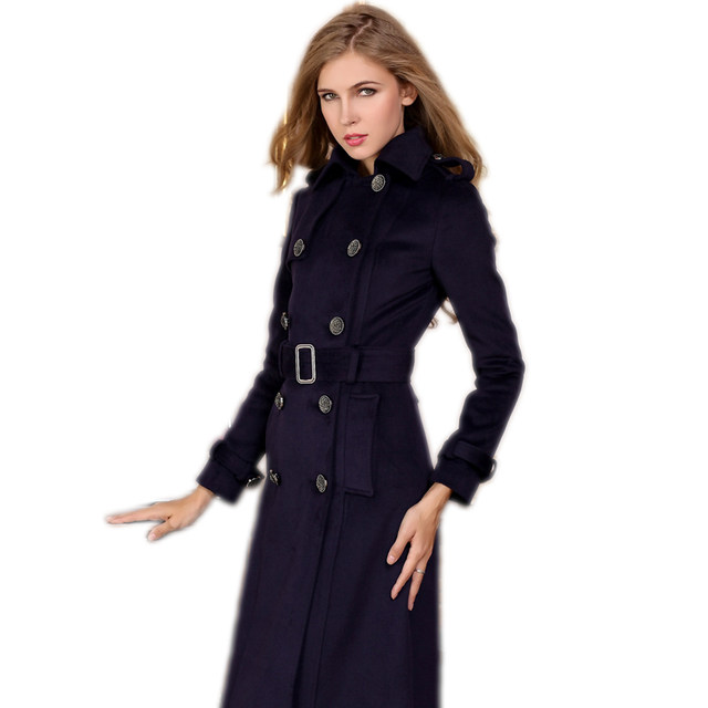 ເສື້ອຄຸມຂົນສັດແບບມືອາຊີບສຳລັບຜູ້ຍິງໃນລະດູໃບໄມ້ປົ່ງແລະລະດູໜາວແບບໃໝ່ ເສື້ອຄຸມໜ້າເອິກສອງເທົ່າ ຍາວກາງ slim stewardess coat cashmere coat navy